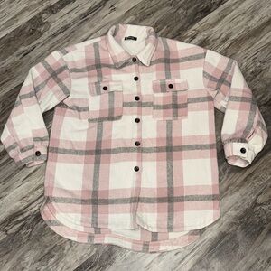 BTFBM Shacket women’s long sleeve button down plaid pink gray soft cozy XL